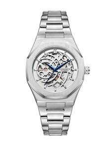 LONGLUX 1pc Men's Hollow Automatic Mechanical Watch With Butterfly Buckle Steel Strap, Minimalist & Fashionable For Daily Wear, Suitable As Holiday Gift