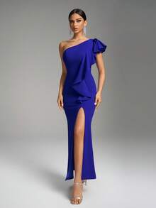 Fuaheng Navy Blue Asymmetric Ruffle Sleeve Cinched Waist High Slit Bodycon Cocktail Dress Party - Royal Blue - View 5