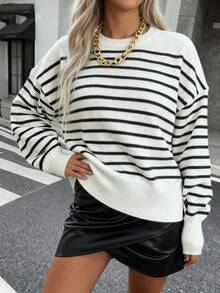 Black & White Striped Knit Cropped Sweater, Women's Casual School Style Long Sleeve Top - Black and White - View 10