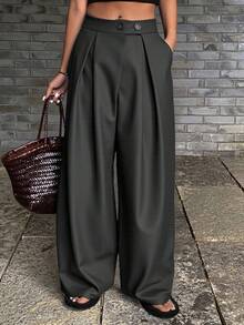 Livesso Women Solid Color Pleated Casual Pockets High Waist Wide Leg Pants,Back To School Clothes - Grey - View 5