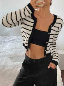 Livesso 女士条纹开衫，长袖上衣，秋冬款 - 黑與白 - 查看 5