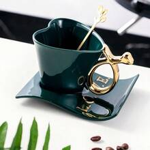 160ml Ceramic Coffee Cup And Saucer Set With Spoon Heart Shaped Special Tea Cups Green - 綠色 - 查看 5