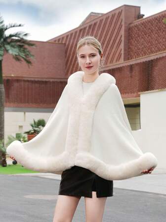 1件仿羊绒中长披肩，秋冬季仿貂皮白色/黑色斗篷，宽松针织开衫，大码外套，女士围巾