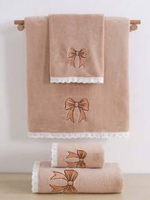 3条装珊瑚绒吸水刺绣星空蝴蝶结装饰柔软纤维浴巾/手巾，时尚爆款设计，适用于浴室、酒店、健身房、旅行、礼品、沙龙、运动、户外、海滩、学校、返校季、旅行配件、家居用品 - 卡其色 - 查看 2