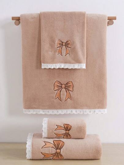 3条装珊瑚绒吸水刺绣星空蝴蝶结装饰柔软纤维浴巾/手巾，时尚爆款设计，适用于浴室、酒店、健身房、旅行、礼品、沙龙、运动、户外、海滩、学校、返校季、旅行配件、家居用品