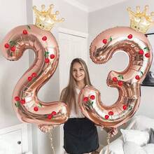 3件組 32英吋櫻桃皇冠數字 (0-9)、1套櫻桃貼紙、迷你皇冠氣球，適用於生日、情人節、婚禮、拍照裝飾、公主派對、新娘婚前派對、單身女派對 - 玫瑰金 - 查看 4