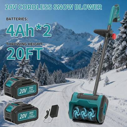Cordless Snow Shovel Blue 20V Battery, 12" Blower , With 2X 4.0Ah Batteries & Charger, Battery-Powered Snow Removal With 19.6FT Throw Distance, Lightweight 12lb For Driveway/Steps/Patio/Sidewalke For Patio, Deck,E