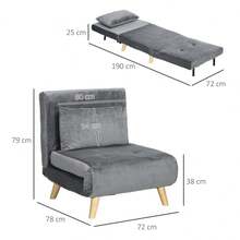 HOMCOM Folding Sleeping Chair With Bed And Pillow Function, Guest Bed With Adjustable Backrest, Velvet Look, Up To 125 Kg, Grey - 1 - View 2