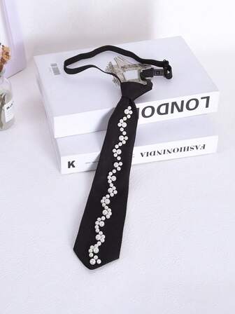 Unik slips med pärlor och strass för kvinnor, svart, JK Girl fransk retro slipsdekoration, lyxig slips, färdigknuten slips, pärlslips, lämplig för fest, vardagsklädsel, alla hjärtans dag-present