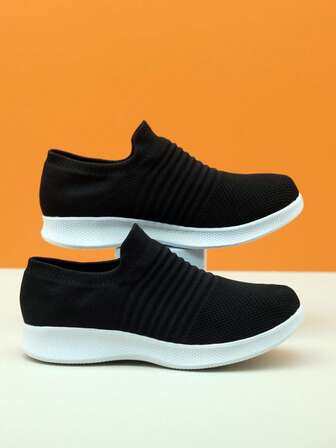 Kids' Lightweight Breathable Black & White Slip-On Casual Dance Shoes, Knit Sock Sneakers