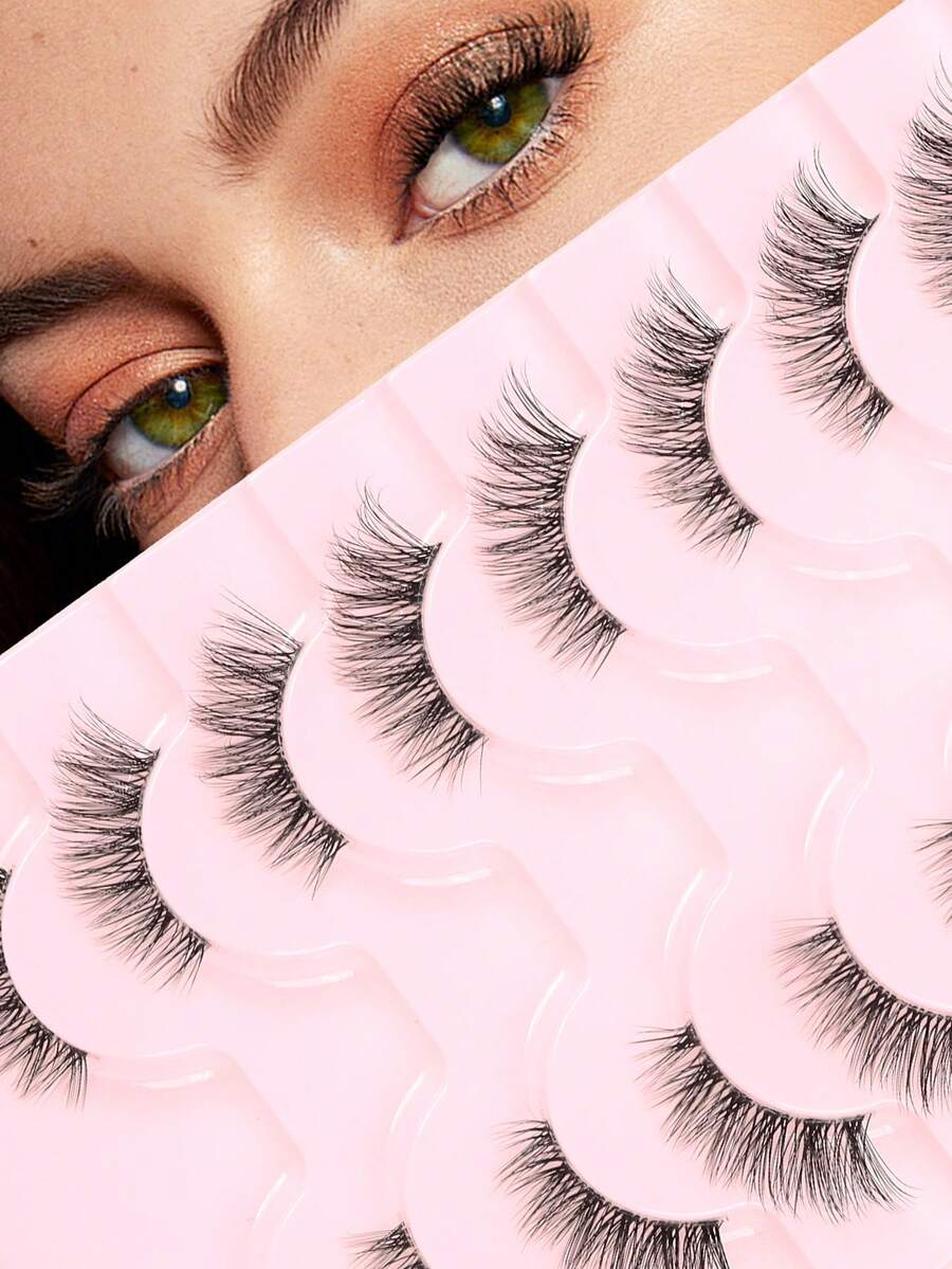 10 pares de pestañas postizas de media longitud con banda transparente, pestañas falsas de ojo de gato cortas y suaves de 3D de imitación de visón, pestañas postizas naturales y suaves para maquillaje