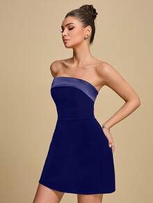 女士新款优雅浪漫无肩带黑色丝绒迷你连衣裙，适合婚礼季和派对；女士高腰A字连衣裙，适合与朋友享用早午餐、约会、情人节、生日等场合。 - 藏蓝色 - 查看 4