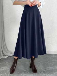 藏蓝色拉链后背宽松A字喇叭长裙，休闲日常穿着，通勤上班，秋冬女装 - 寶藍色 - 查看 4