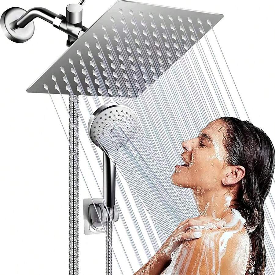 Polished Sliver Shower Head Combination, 8-Inch High-Pressure Showerhead, 5 Handheld Shower Head Combinations With Different Settings,With Hose,Without Extension Armfor Bathroom,Hotel.Bathroom Essentials,Bathroom Deccor,Bathroom Accesssories,Christmas Gifts - Mạ crôm - Xem 1