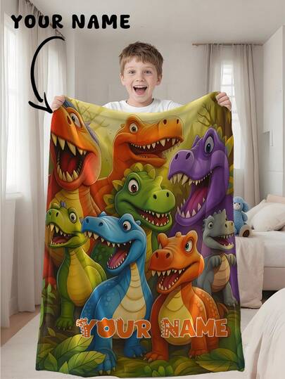 1pc Customizable Text, Dinosaur Pattern, Memorial Blanket, Suitable As Girl, Boy, Adult, Valentine's Day, Lightweight, Baby Blanket, Personalized Throw Blanket, Personalized Photo Blanket, Personalized Baby Blanket, Newborn Blanket, Suitable For Mother's Day, Birthday, Children's Day, Father's Day, Graduation, Wedding, Christmas, Halloween, For Home Sofa, Bed, Car, Bedroom, Living Room, Sofa Blanket, Rug, Children Blanket