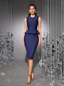 Bernatova Damen Strick Rundhals Royal Blau Co-Ords für Bürokleidung, elegantes zweiteiliges figurbetonendes Rüschen Bodycon Kleid Damen Party Outfit perfekt für Pendeln, Weihnachten, Neujahr, Thanksgiving, Abendveranstaltung - marineblau - Übersicht 1