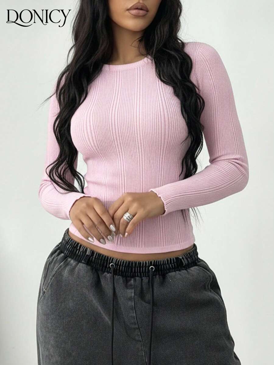 DONICY Damen rosa tailliertes Crop Top, Rundhalsausschnitt Langarm, eleganter, süßer minimalistischer Stil, geeignet für Outdoor-Aktivitäten, Lässig Kleidung, Büropendeln, Feierlichkeiten im Frühling und Herbst - Pink - Übersicht 1