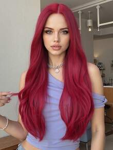 自然逼真的26英寸红棕色长波浪卷发耐热合成假发，中分设计，适合日常和派对佩戴 - 彩色 - 查看 13