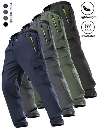 Men's Zipper Pocket Drawstring Cargo Pants, Elastic Waist, Large Pockets, Straight Leg Casual Trousers, Suitable For Outdoor Sports And Jogging, Spring/Autumn