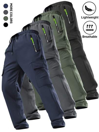 Men's Zipper Pocket Drawstring Cargo Pants, Elastic Waist, Large Pockets, Straight Leg Casual Trousers, Suitable For Outdoor Sports And Jogging, Spring/Autumn