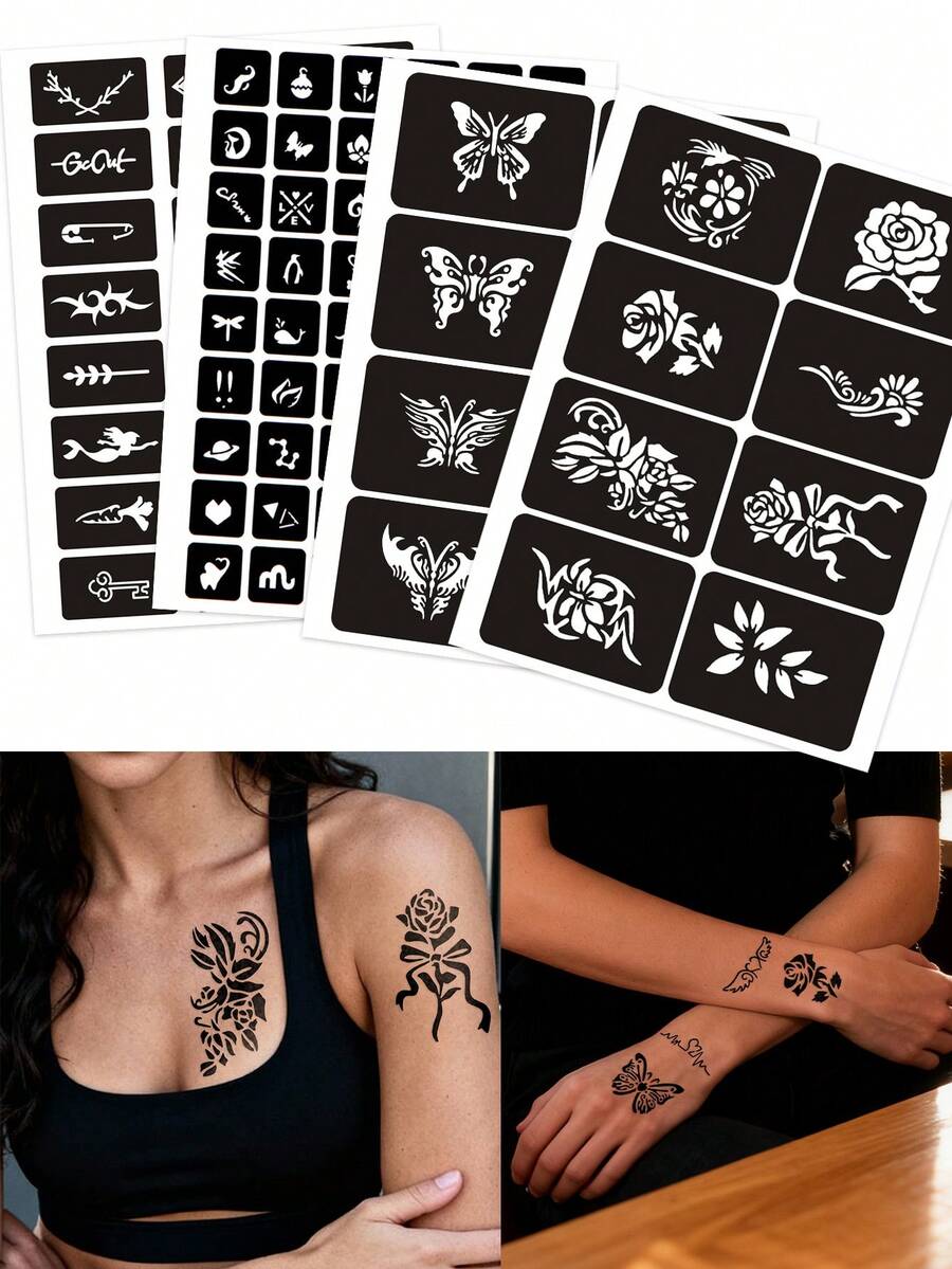 4pcs Multi-Pattern Hollow Tattoo Stickers, A4 Large Size Butterfly Rose Figure Design, Personalized Customization, Semi-Permanent Tattoo Template Stickers - Black - View 1