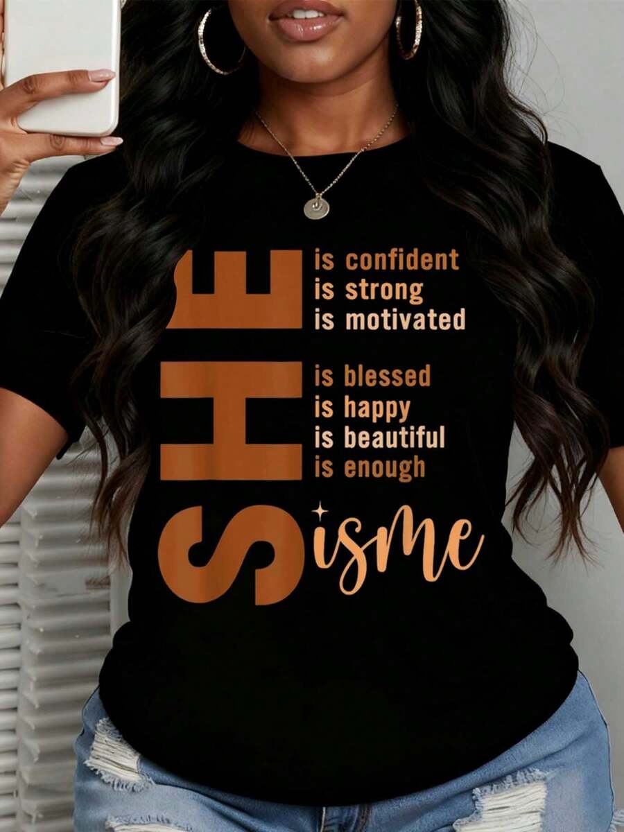 Women She Is Confident Strong Motivated Happy Beautiful Enough Is Me Graphic Print T Shirt For Everyday Wear And Black History Celebration Round Neck Pullover Top - 黑色 - 查看 1