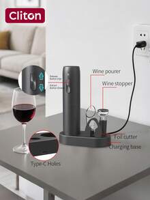 CLITON Electric Wine Opener With Storage Base,Cordless Electric Wine Bottle Opener With Pourer, Foil Cutter, 1 Vacuum Preservation Stoppers, Easy Storage,Electric Wine Opener Set With Storage Base, Reusable Automatic Wine Bottle Opener With Led Light, Portable Corkscrew With Pour & Preserver Vacuum Stopper, Foil Cutter, Black - Black - View 4