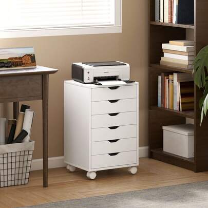  HOMCOM Schedario da Ufficio con 6 Cassetti Soft Close, 4 Ruote, Cassettiera Ufficio per Lettera/Formato A4, Armadietto Verticale per Studio Stampante, 40x35x63 cm, Bianco
