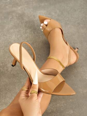 Women's High Heel Shoes, Suitable For Spring/Summer Nightclub, Party, Ball, Outdoor, Fashion High-End Electroplated Kitten Heel Pointed Toe Shiny Soft Mirror Surface Material One-Strap Sexy Elegant Ankle Strap, Suitable For Any Formal Occasion For Women, Brown Color Versatile Women's Formal Sandals, Gorgeous Kitten High Heels