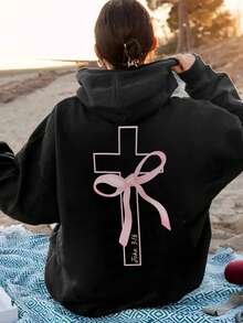 女式休闲图案印花宽松保暖内衬连帽运动衫，冬季 - 黑色 - 查看 6