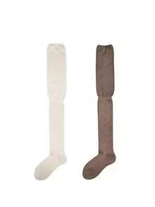 2 đôi tất dài đến đùi dành cho nữ, kiểu xếp lớp, tất trắng cao đến đầu gối, tất màu trơn, thích hợp để phối cùng bốt. - Nhiều màu - Xem 11