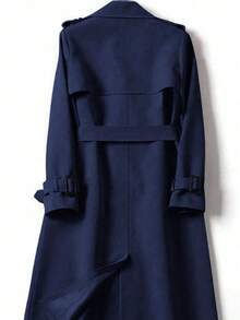 女士百搭优雅秋冬风衣，时尚通勤休闲长款风衣，英伦风中长款外套 - 藏蓝色 - 查看 7