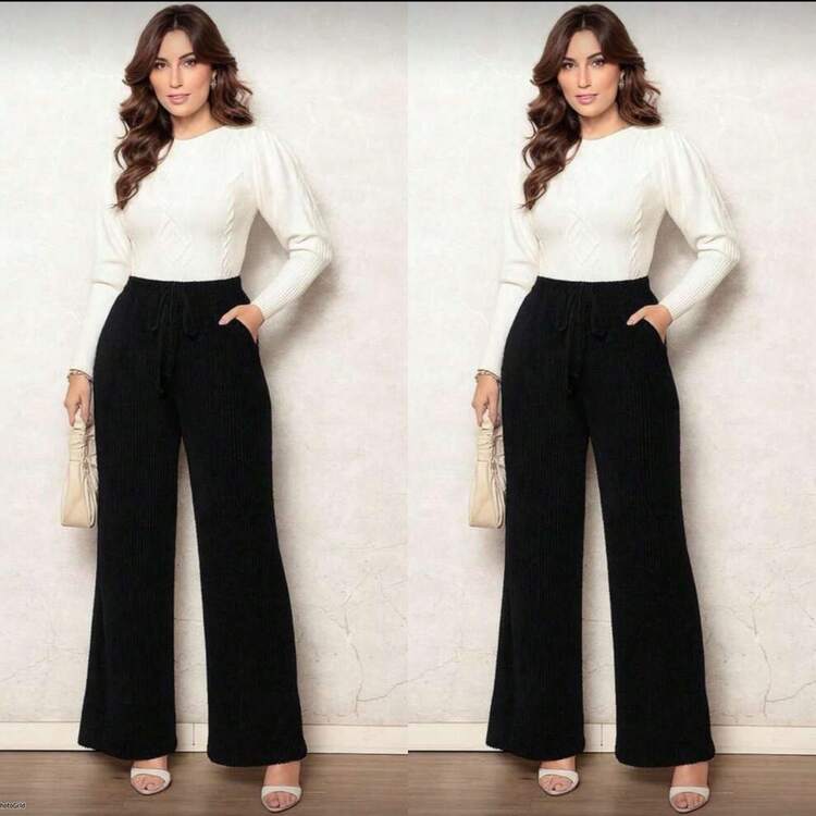 Kit Of 2 Women's Lanzinha Pants, Winter Fashion, Wide-Leg Pants, 2025 . - Black. Black - View 2