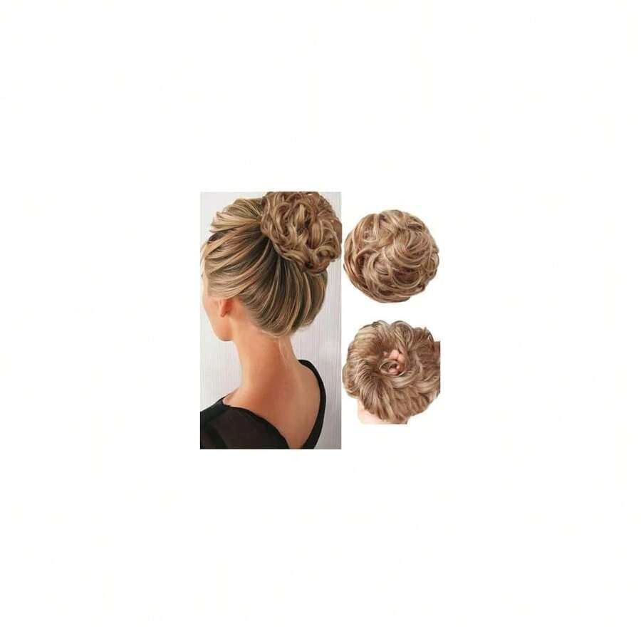 Messy Bun Hair Piece Hair Bun Wavy Curly Scrunchies Chignon Ponytail Hair Extensions Fake Hair Bun Extensions Synthetic Tousled Updo Hairpieces For Women(Golden Brown Mixed Blonde),GoldenBrownMixedBlonde - 金棕色混合金髮 - 查看 1