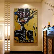 Framed 1pc Framed Jean-Michel Basquiat Cabeza 1984 Art Poster - Vibrant Yellow & Blue Abstract Face Canvas Wall Art, Modern Minimalist Decor For Living Room, Bedroom, Office, Bathroom, And Hallway, Easy To Hang, Canvas Wall Art, Basquiat, Poster, Wall Picture, Framed Picture For Immediate Hanging, Framed Wall Decoration - 框架 - 查看 3