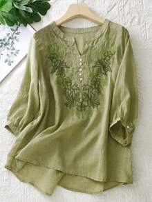 Plus Size Vintage Embroidered Viscose Blouse For Women, Lightweight & Loose, Suitable For Spring/Summer, Casual - Green - View 1