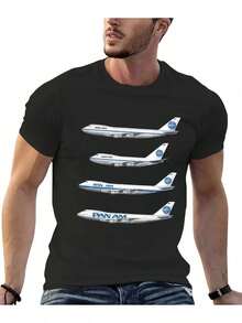 Pan Am 747 Vintage Airline Graphic Men's T-Shirt - Black Retro Airplane Design With 4-Aircraft Silhouette & Logo, Soft 100% Cotton Short Sleeve Round Neck, Regular Fit Casual Shirt For Casual Wear, Oversized, Airplane T-Shirt, Comfortable Round Neck - 黑色 - 查看 1