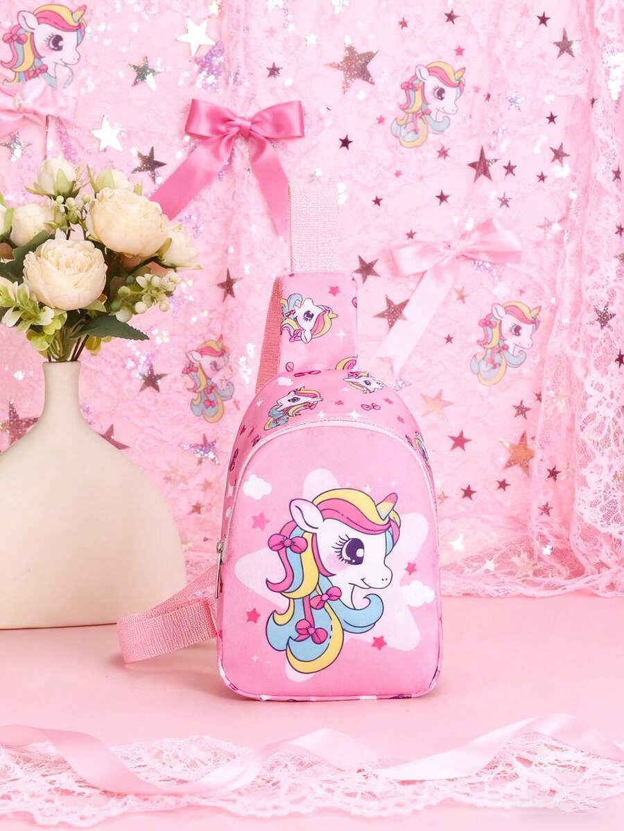 1 Piece Nylon Zipper Closure, Cartoon Cute Unicorn Five-Pointed Star Chest Bag Niche Design Bag Crossbody Bag Kindergarten Coin Purse Suitable For All Occasions Comfortable Shoulder Strap, Versatile And Not Fussy, Suitable For Playing, Commuting To School, A Perfect Gift For Friends, Relatives And Teenagers - Pink - View 1