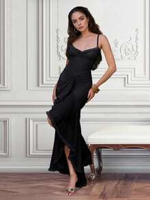 Đầm Maxi Dài Tay Xếp Ly Viền Ren Thanh Lịch Màu Trơn, Đi Biển - màu đen - Xem 6