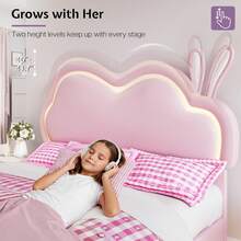 Floating Upholstered Bed Frame With LED Light, Cute Cloud Headboard For Girls, Sturdy Construction, Easy Assembly, No Box Spring Needed - Hồng - Xem 7