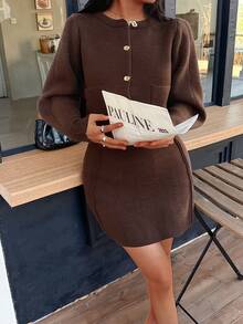 DEEKA Autumn/Winter New Women's Gold Button Crew Neck Fitted Long Sleeve Knit Cardigan & High Waist Elastic Mini Skirt Set - Brown - View 4