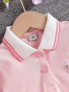 Girls' Collared Short Sleeve Sports T-Shirt/Polo Shirt, School Style, Summer - Pink - View 3