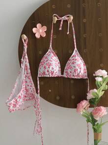 Women's Fashionable Red Ditsy Floral Halter Bikini Set - Multicolor - View 2