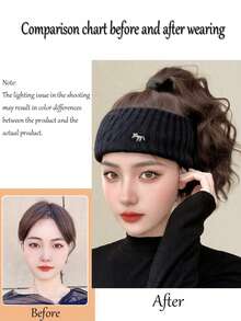 Synthetic Hat Wig, Knitted Hat Wig, Knitted Headband With Hat Wig, One-Piece Empty Top Hat High Ponytail Wig, Suitable For Women's Winter Hat Wig - Brown Black Dark Brown - Multicolor - View 5