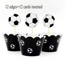 24 件足球主题派对装饰纸杯蛋糕装饰物、包装纸和旗帜，适合生日派对、圣诞节 - 黑與白 - 查看 5