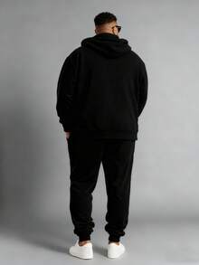 2件套加大码男士时尚简约纽约字母图案休闲口袋连帽卫衣，配抽绳裤，适合春、秋、冬户外、街头、日常穿着 - 彩色 - 查看 4