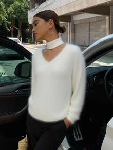 Livesso Suéter holgado con cuello de pico y diseño de cuello caído, para otoño/invierno - Beis - Ver 7
