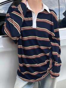 DAZY Áo thun tay dài kẻ sọc khối màu dáng rộng dành cho nữ, áo chui đầu thường ngày cho mùa xuân/hè, quần áo mùa thu - Màu xanh hải quân - Xem 4