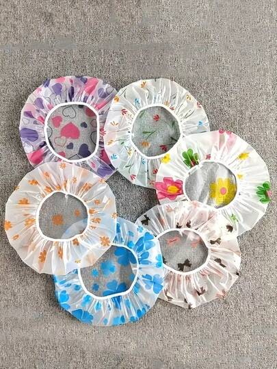 6pcs Adjustable Printed Shower Caps, High Quality Reusable With Elastic Band, Fashionable Bathroom Accessories, Reusable Material, Waterproof Shower Cap, Shower Head Cover, Kitchen Anti-Oil Shower Cap, Suitable For Women Spa Salon, Kitchen, Beauty Care And Beauty Enthusiasts