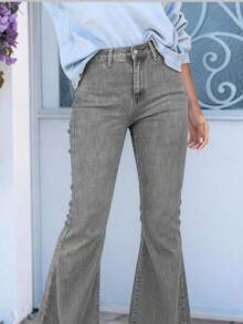 Quần jean ống loe cổ điển, viền tua rua, dáng thường ngày (vải cotton pha trộn) dành cho nữ - Xám - Xem 4